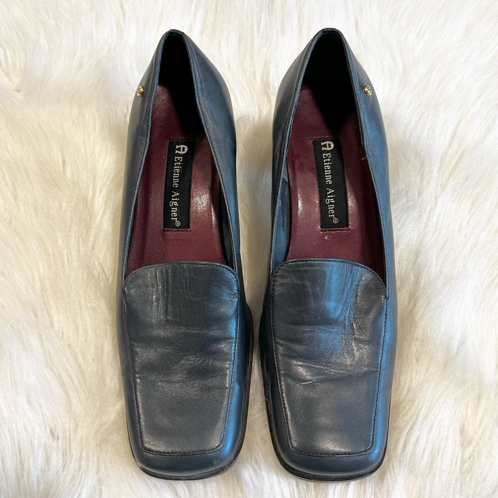 Vintage Etienne Aigner Blue Leather Square Toe Chunky Heels Size 7.5